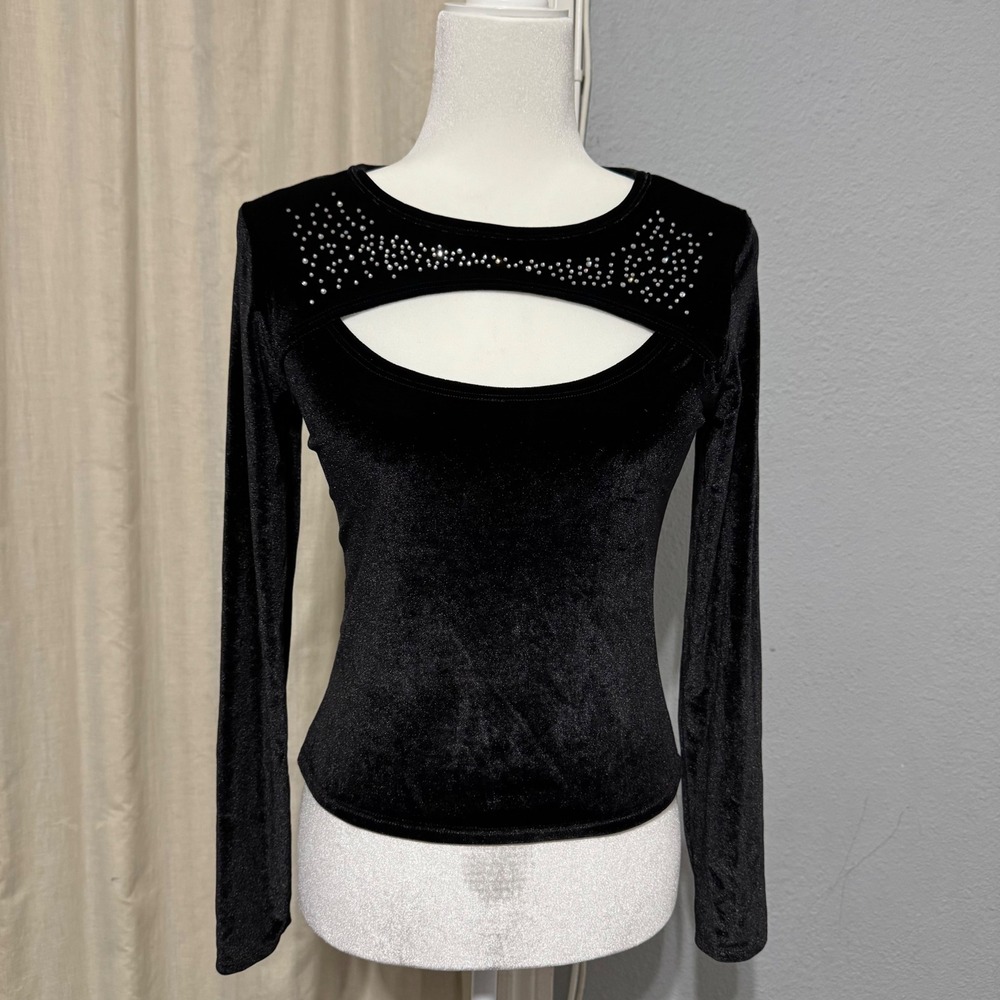 Minette Black Velvet Rhinestone Cutout Long Sleeve Top Size S Y2K Whimsigoth